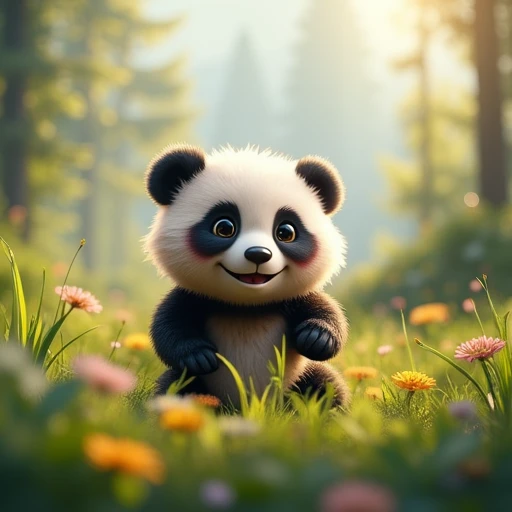 a realistic cute extreme doodle chibi panda bear character smiling in the wilderness, doodle art style, super hyper realistic, cinematic volumetric lighting, shot with Sony Fx6