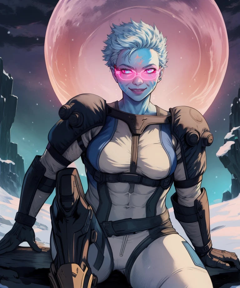 mrsfrzessq,blue eyes,icy hair,short hair,pink glowing glasses,facial mark, helmet, 
white bodysuit,looking at viewer,gloves,smile,
sitting,
snow,night,muscular,
(insanely detailed, masterpiece, best quality) solo,<lora:msfreezeSSQ:0.8>,