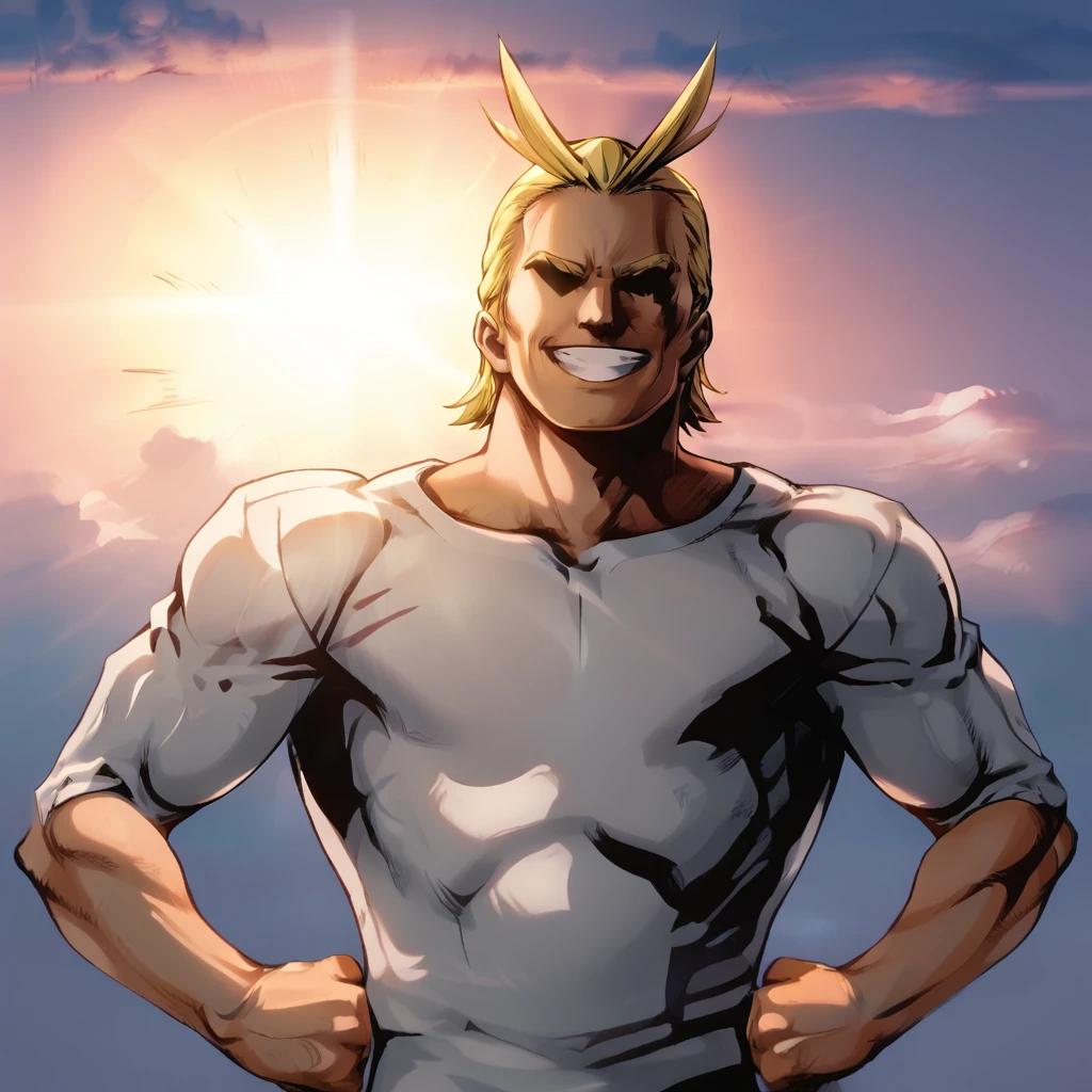 score_9_up, score_8_up, BREAK, 1boy, solo, all-might, blonde hair, grin,  antenna hair, <lora:All_Might_-_Boku_No_Hero_-_My_Hero_Academia:1>,  BREAK, smile, closed mouth,  sunrise,  sky,  cloud,  sunset, sunlight,  light rays, outdoors, hands on own hips, clenched hands,  <lora:SupermanSmile_PXL_Leaf3_r2:0.8>, no eyes,    untucked shirt,