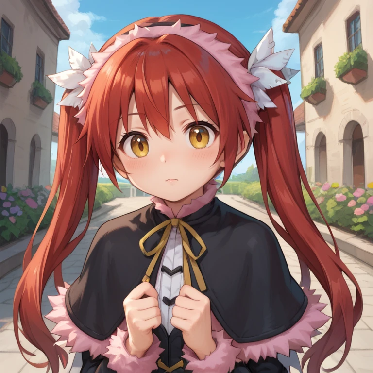 (score_9, score_8_up, score_7_up, score_6_up), source anime, BREAK, <lora:Emilia:0.8> , emidef, 1girl, red hair, long hair, twintails, yellow eyes, pink fur trim, fur-trimmed hairband, fur-trimmed capelet, black capelet, ((face)), (close-up),  BREAK, exterior, garden, courtyard, scenery, flowers,   <lora:SnowStylePonyXL:0.8>