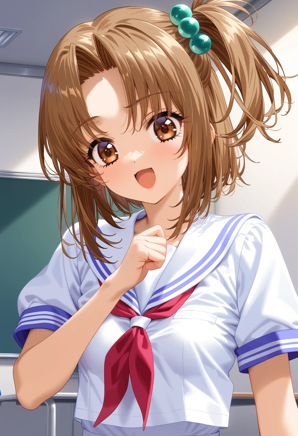 masterpiece,best quality,very aesthetic,absurdres,intricate details,1girl,
<lora:SHINBASHI_RINA_V1:1>,rina_shinbashi,brown eyes,brown hair,short hair,hair ornament,Side ponytail,small_breasts,school uniform,serafuku,white pleated skirt,
<lora:Fixhands_anime_bdsqlsz_V1:1>,standing,stylish_pose,classroom,:d,cowboy_shot,, masterpiece,best quality, very aesthetic, absurdres, ultra detailed, high resolution, 4k, extremely detailed CG,