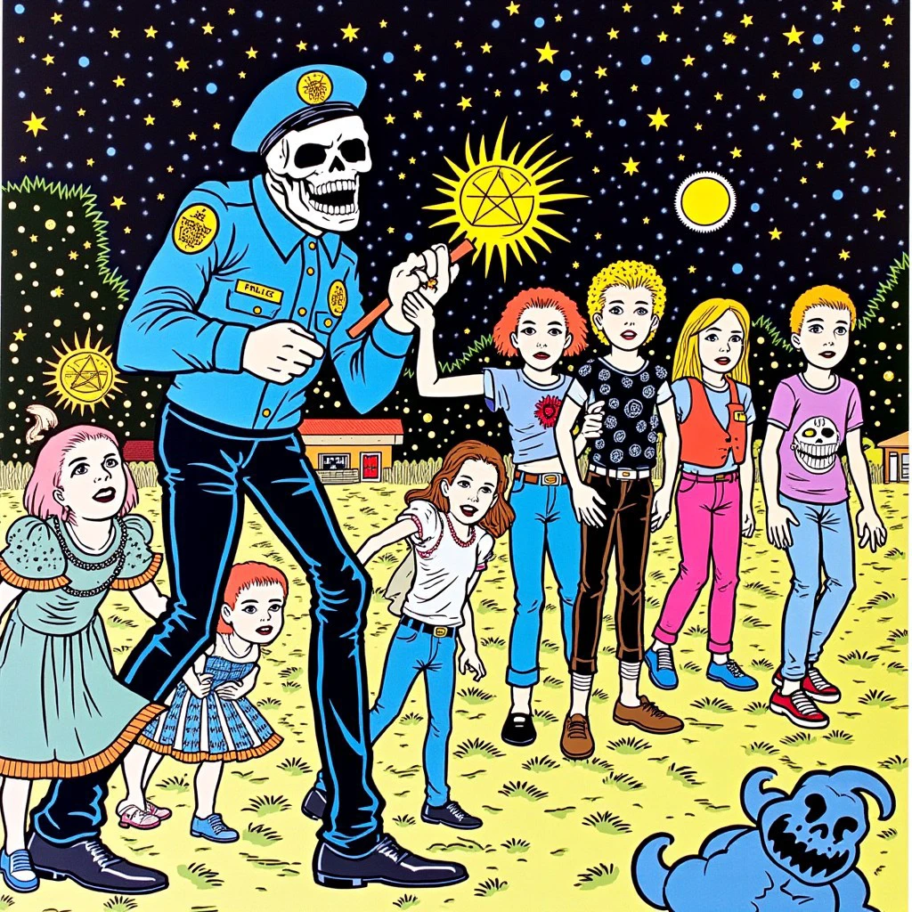 A sadistic police officer with a skull face is threatening small scared children with a spiked club. The police officer is wearing an evil satanic badge. The night is teeming with evil. The setting is the suburbs. In the style of Frank Kozik.