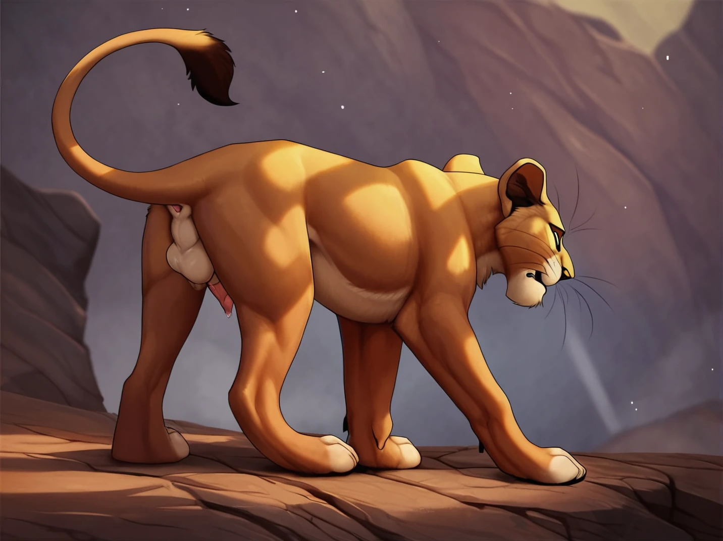 feral lioness, Nala, high resolution, realistic, Soft, 4K, upscales, high detail, Delicate fur, ((The tail in the right place)), green eyes, bedroom eyes, white sclera, lifted tail, hyper canine pussy, savanna, large eyes, presenting pussy, looking back at viewer, 1 lion tail, black canine pussy, dripping canine pussy, cub, young, detailed eyes, beautiful eyes, flat chest, small, lying down, 4 legs, 4 paws, licking lips, sultry look