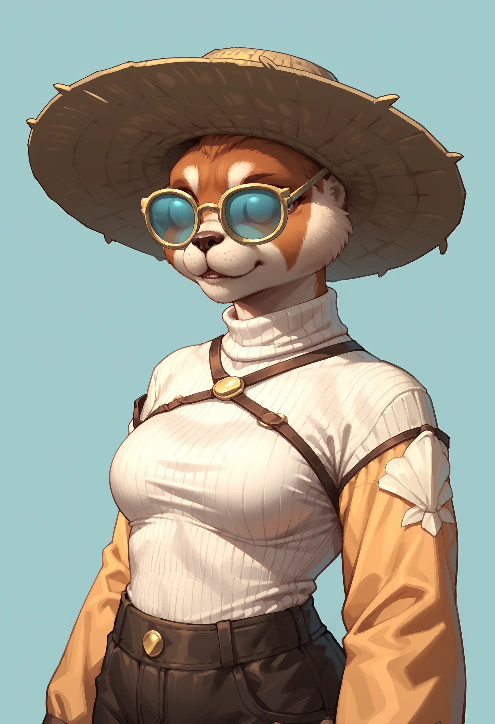 score_9, score_8_up, score_7_up, score_6_up, score_5_up, score_4_up, 1girl, <lora:PandaVacation:0.8> furry, sunglasses, straw hat, hat, looking at viewer, long sleeves, wearing a turtleneck, (white turtleneck:1.2), 
light blue background, simple background,