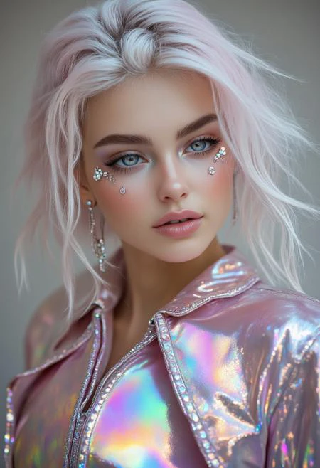 An ultra-detailed, high-resolution portrait of a woman with iridescent hair, styled in an avant-garde fashion, featuring intricate facial piercings: a double eyebrow ring, a septum piercing, and a labret stud. The scene is illuminated with soft, diffused lighting, creating a striking contrast between her punk-inspired look and her delicate, ethereal features. The background is a blend of abstract colors, giving the image a surreal, artistic vibe.