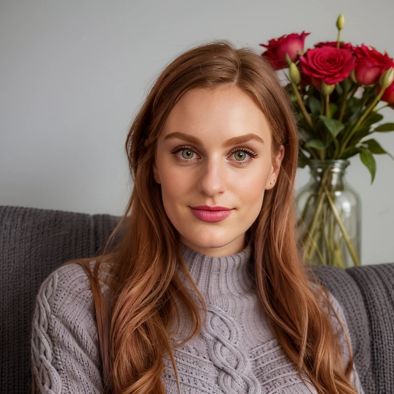 <lora:p34ch_20SD-000007:0.8>,a (close up:1.2) photograph of 22 year old beautiful(p34ch woman:1.1),sitting on a couch,wearing a gray cable knit sweater dress,facing viewer,with vases of flowers,(upper body),(medium close up shot:1.3),long dark dark hair,smirk,lips,simple background, professional portrait, photo realistic, 4k wallpaper, highly detailed, bokeh