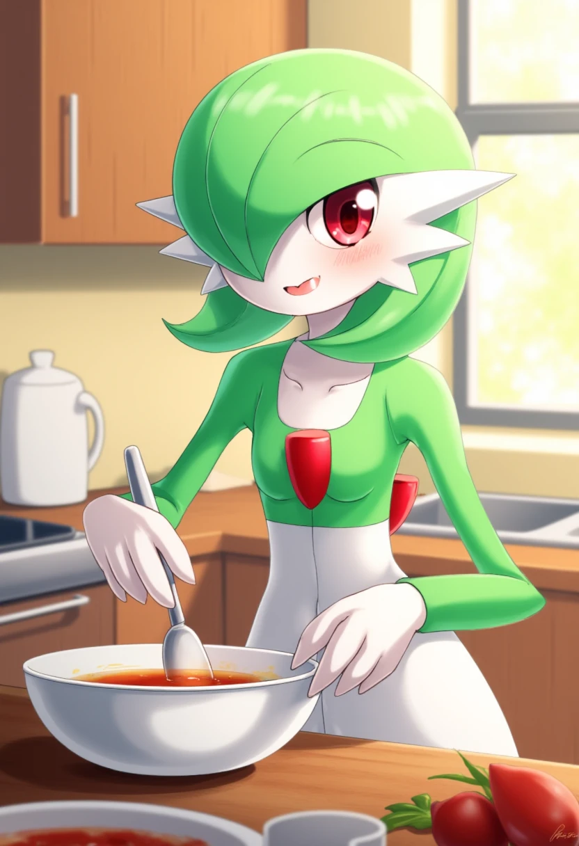 cute gardevoir is cooking in a kitchen, she is smiling