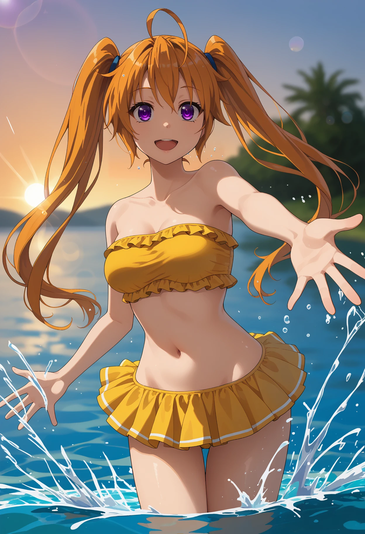 nsfw, masterpiece, 1 girl, topless, intricately detailed, navel, necklace, orange hair, jogging pants, smiling, extremely detailed, photorealistic, octane render, 8 k, unreal engine., bare breasts, bare stomach, sweaty, wet body, beautiful face, small breasts, flat chest, silence suzuka \(umamusume\), park, horse ear, horse tail, bare shoulders, nipples, holding water bottle, nude