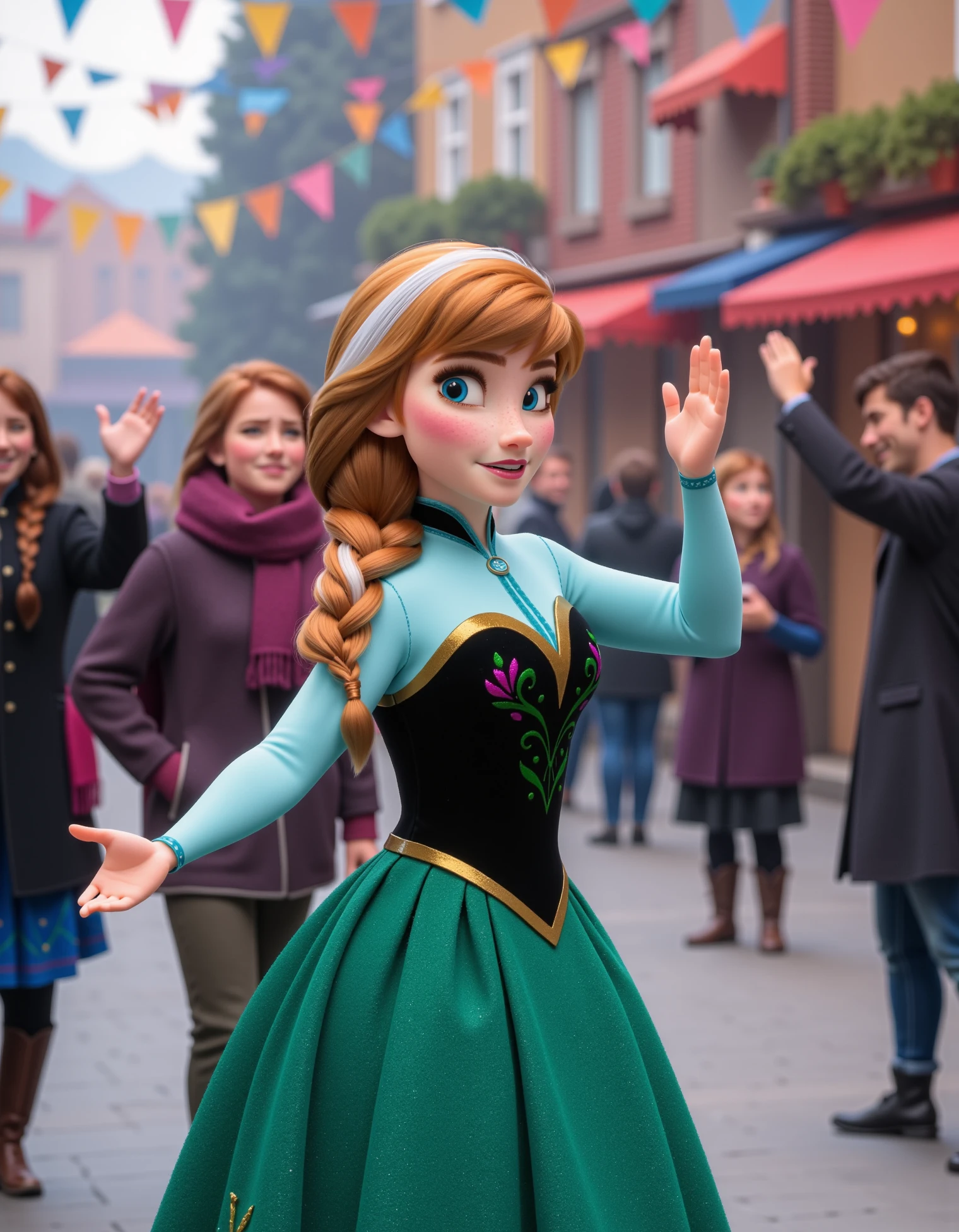 anna, princess anna, Anna is participating in a festive celebration in Arendelle’s town square, wearing her princess dress with the green skirt and floral patterns. She’s smiling brightly, waving to the townspeople, with her braid bouncing lightly as she moves. The square is decorated with colorful banners and lights, adding to the festive atmosphere, disney style