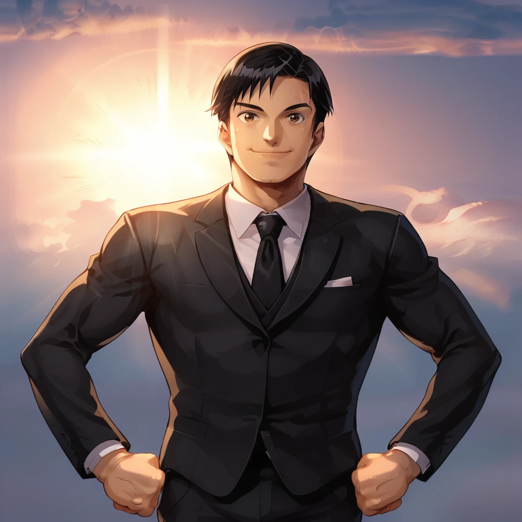 score_9_up, score_8_up, BREAK, SuperSmile, 1boy, solo, black hair,  brown eyes, formal, black suit, necktie, smile, closed mouth,  sunrise,  sky,  cloud,  sunset, sunlight,  light rays, outdoors, hands on own hips, clenched hands,  <lora:SupermanSmile_PXL_Leaf3_r2:0.8>, looking at viewer,