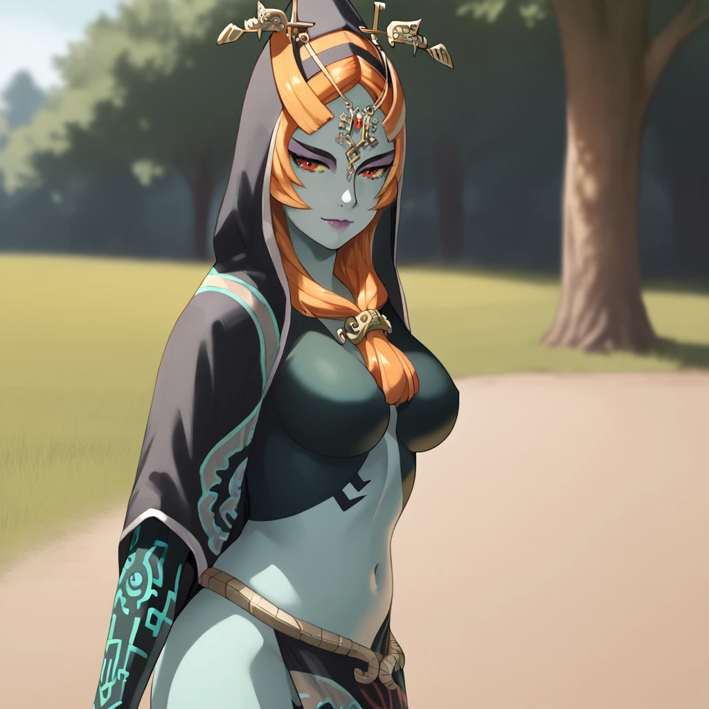 <lora:midnazelda_pony_v1:1>  midna, 1girl, front ponytail, red eyes, medium breasts, colored skin, navel, hood, long hair, orange hair, makeup, no nipples, yellow sclera, two-tone skin, cowboy shot