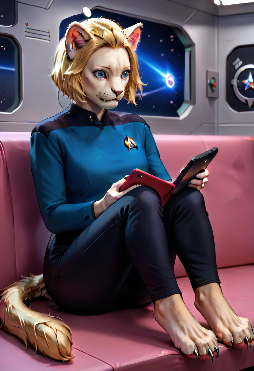 score_8_up, caitian, caitian female, solo, 1girl, white fur, blue eyes, full body, claws, barefoot, tail tuft, blonde hair, short hair, starship interior, looking at white scifi tablet, holding white scifi tablet, sitting, 
sttng1,star trek blue uniform,black shoulders,black pants
<lora:Caitian_-_Star_Trek_SDXLPony:1>  <lora:STTNGponyStrong:0.7>