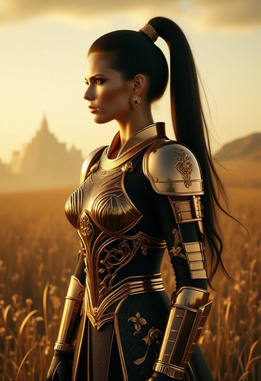 <lora:Art_Deco_Obsidian_Gold:1> samurai woman in deco_blackgold armor standing in a battlefield, with her hair in a ponytail, in a fantasy setting