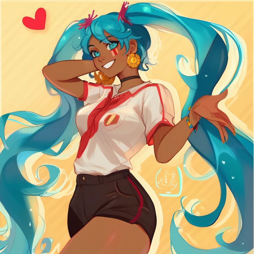 score_9, score_8_up, score_7_up, peruvianmiku , 1 girl, alone, long hair, breasts, looking at viewer, smile, shirt, two pigtails, jewelry, medium breasts, very long hair, heart, cowboy photo, earrings, shorts, choker, dark skin, bracelet, aquamarine eyes, dark skinned woman, aquamarine hair, hatsune miku,
