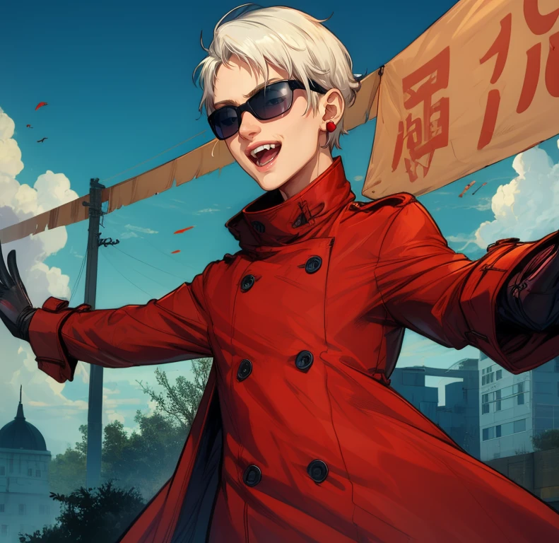 strngelve,sunglasses,short hair,white hair,
single earring,looking at viewer,red trench coat,long sleeves,gloves,spread arms,open mouth,smile,
(insanely detailed, masterpiece, best quality) solo,<lora:StrangeloveMG:0.9>,