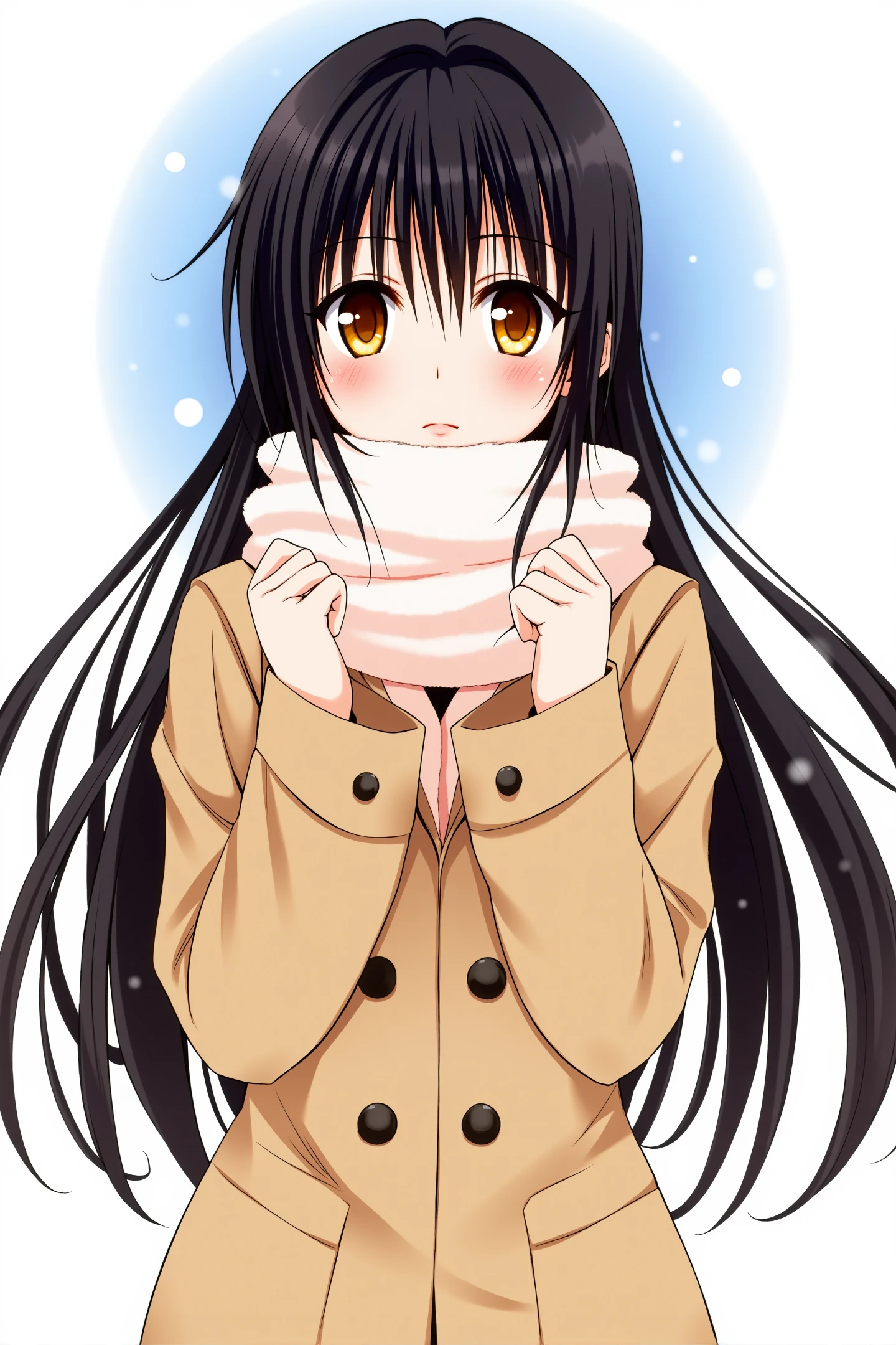 Yabuki Kentarou Style, 1girl, kotegawa yui, solo, scarf, long hair, black hair, blush, upper body, looking at viewer, bangs, coat, snowing, brown eyes, long sleeves, earphones, simple background,
<lora:Yabuki Kentarou_FLUX:1.0>,