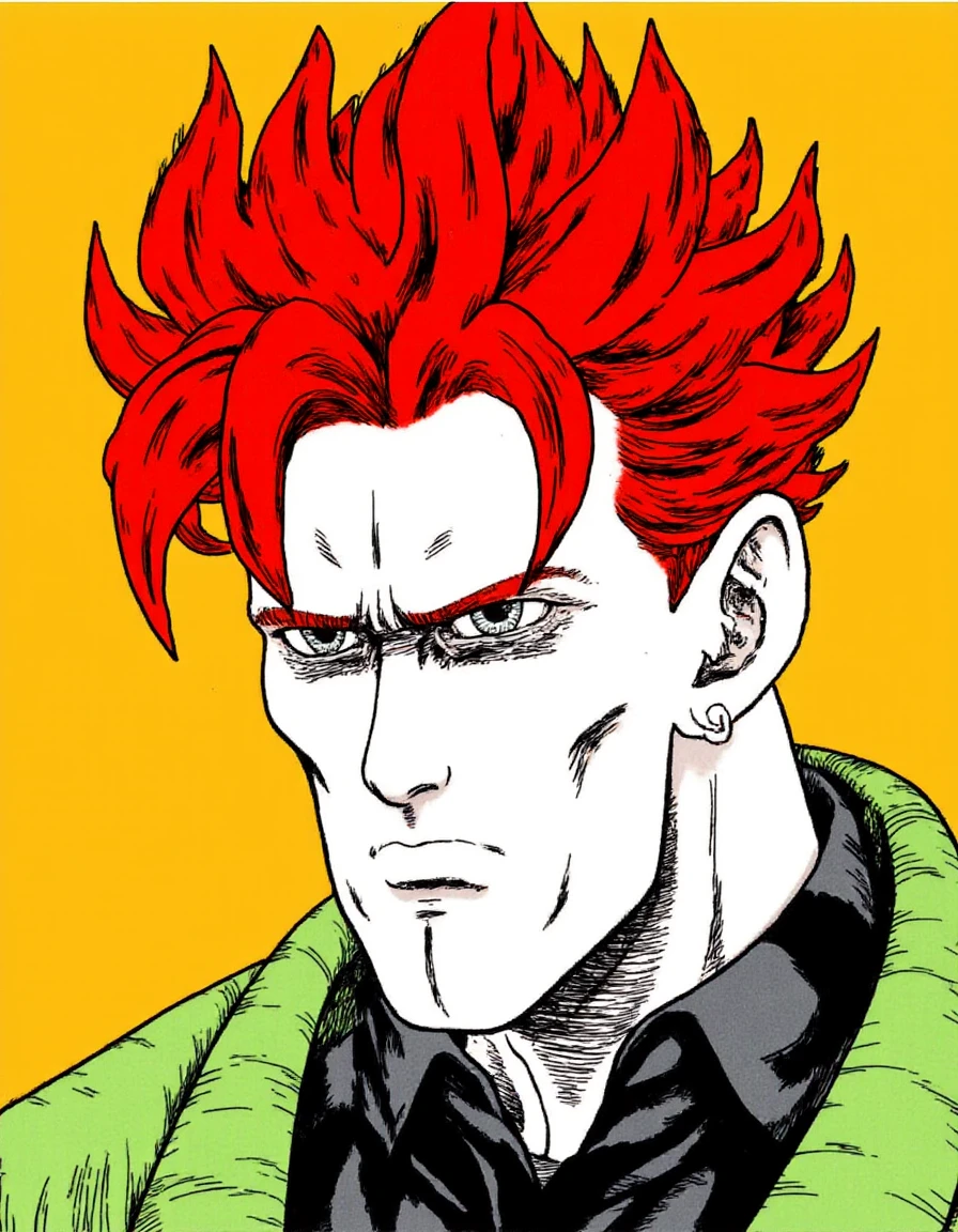 jurok16 android16 man with red mohawk hair in Junji Ito style <lora:jurok16:1>   <lora:Junji_Ito_Style_F1D:1>