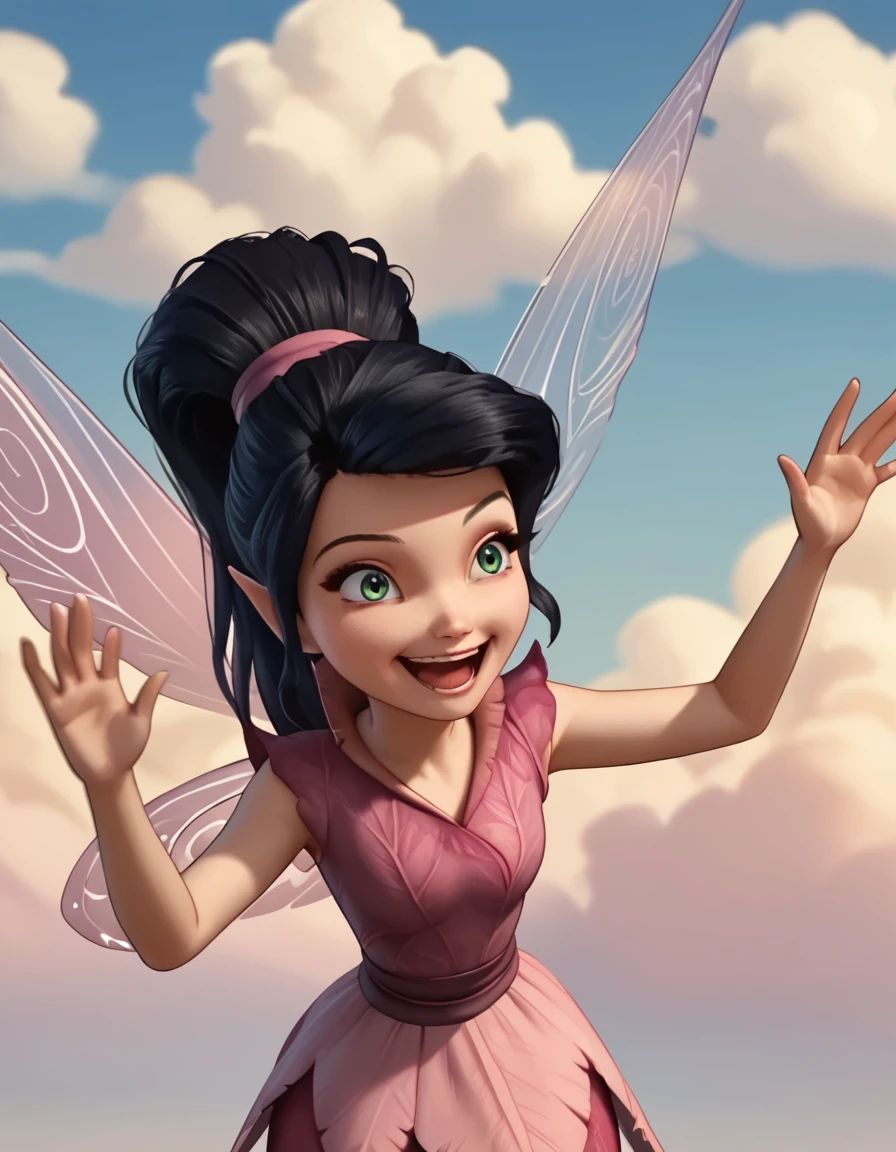 score_9, score_8_up, score_7_up, score_6_up, score_5_up, score_4_up, source_anime  <lora:DisneyTinkerbell:1>, happy, flying, blue sky, clouds Vidia, fairy, pointy ears, black hair, green eyes, ponytail, pink dress,