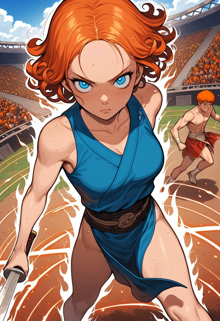 1girl, curly, short hair, fiery orange hair, short height, medium breast, bright blue eyes, round face, freckled skin, Scottish girl, 
,outdoor, arena, galdiator arena, linen cloth, swinging sword, sweating, serious, cowboy shot, high angle, looking at viewer,