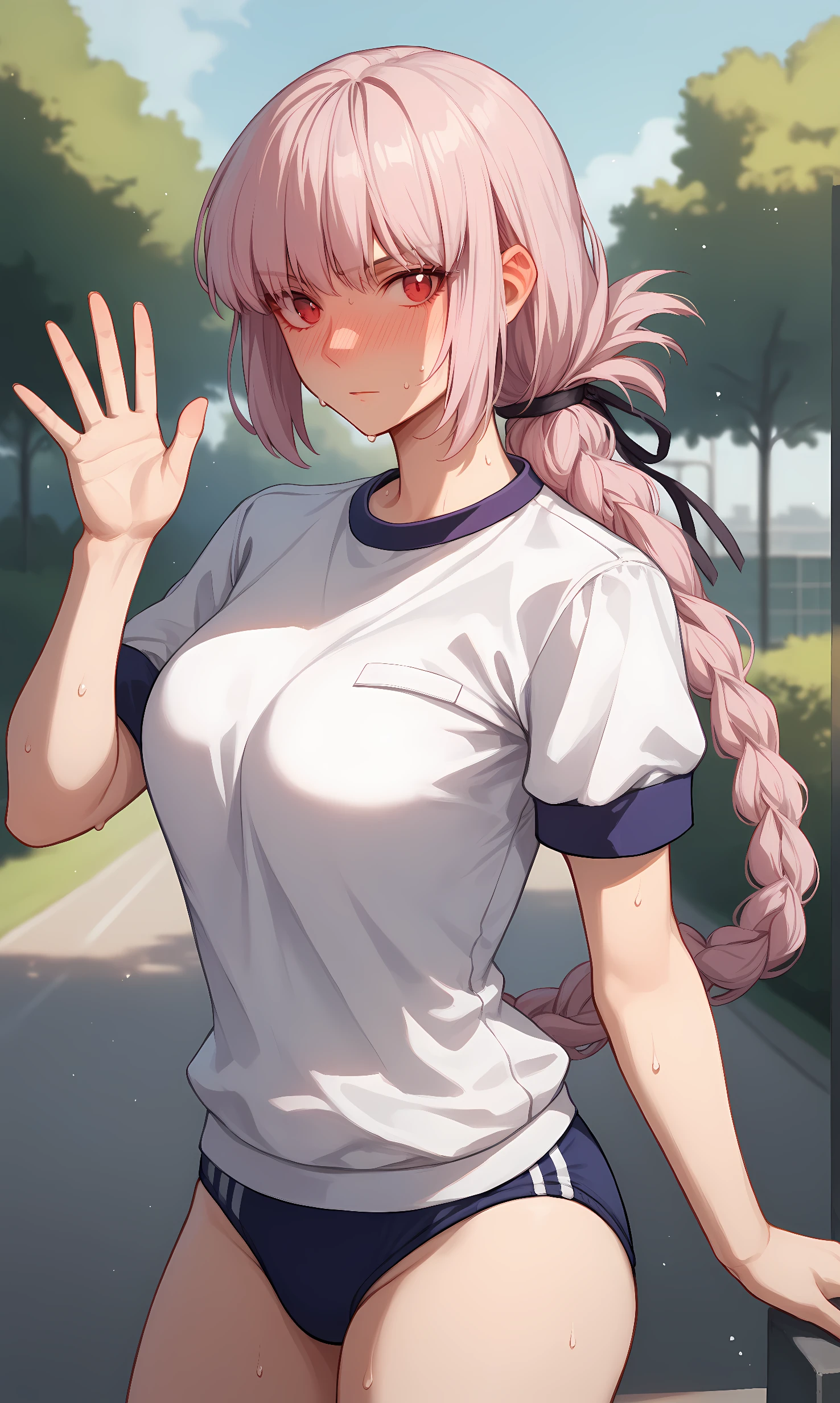 score_9, score_8_up, score_7_up, BREAK source_anime, 1girl, solo, outdoors, park, cowboy shot, standing, looking at viewer, nightingale, red eyes, light pink hair, long hair, blunt bangs, braid, low hair ring, black ribbon, hair ribbon, white shirt, short sleeves, gym uniform, buruma, nose blush, sweat, waving