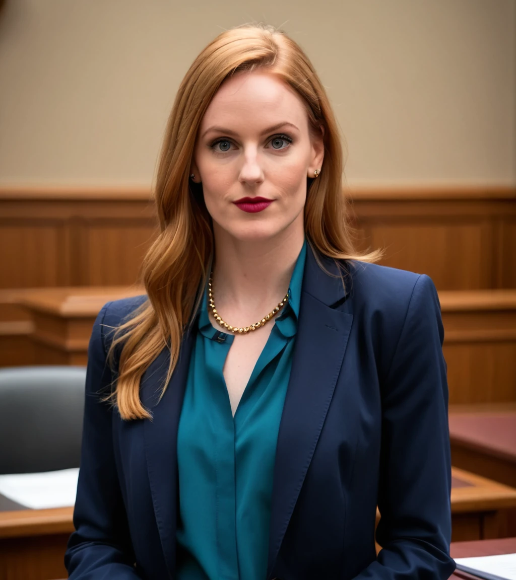 <lora:p34ch_22XL-000008:0.8>, a (close up:1.2) photograph of 22 year old beautiful(p34ch woman:1.1) as a trial attorney lawyer,wearing a (dark blue suit:1.2) with (teal blouse:1.4),pleading a case during a trial,cross examining a (criminal defendant) (on witness stand:1.3),with courtroom in background,wearing earrings and a gold necklace,long dark ginger hair,smirk,lipstick and eyeshadow,(upper body),(medium close up shot)professional portrait, 4k wallpaper, highly detailed, bokeh