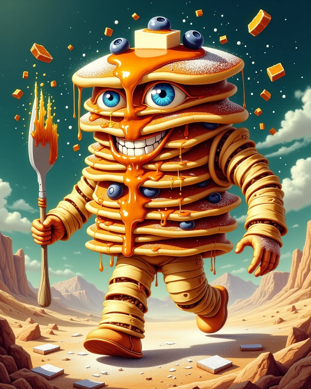 aiai-4p4rt, Pancake Man: A whimsical character entirely made of stacks of fluffy, golden-brown pancakes, with layers delicately balanced atop one another. His body is held together by streams of rich, glistening maple syrup that ooze and drip with every movement, creating a sticky yet captivating sheen. His arms are formed from rolled-up crepes, and his eyes are two perfectly placed blueberries that twinkle with a mischievous sparkle. As he moves, a sweet, buttery aroma fills the air, leaving a trail of powdered sugar dust in his wake. Pancake Man's smile is warm and inviting, his syrupy grin stretching wide as he ventures through a world where breakfast comes to life.