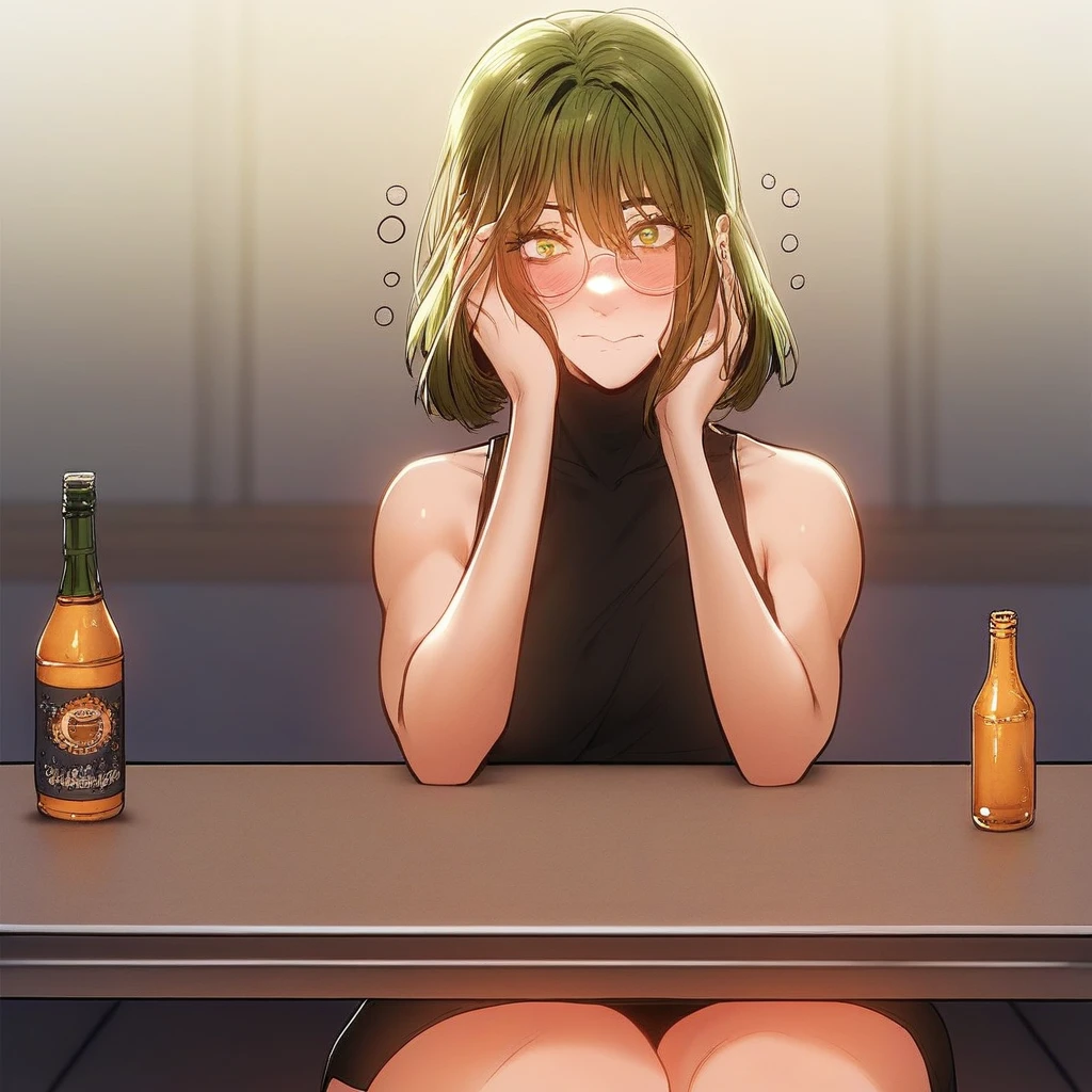 score_9, score_8_up, score_7_up, ASCII masterpiece, source_anime, BREAK, 1girl, solo, (( <lora:soo-ki:1> , soo-ki, thin waist, normal hips, beautiful skin, beautiful light green eyes, clear eyes, bright pupils, beautiful eyes, beautiful green hair, beautiful bob cut hair, bangs, huge and shaggy breasts, natural beauty, extraordinary beautiful cute woman, attractive cute woman, super sexy cute woman, lustful body, sexy cute woman with seductive obscene body, sensual body, voluptuous body, cute sexy beauty, no piercings, no piercing, glasses, )), ((sexy sleeveless black dress, black tighthighs, )) , embarrassed, confused smile, fancy restaurant, sitting, few whiskey bottle on table, few beer bottle on table, few glass with beer on table, tipsy, drunk, blushing, closed mouth, hands under the table,