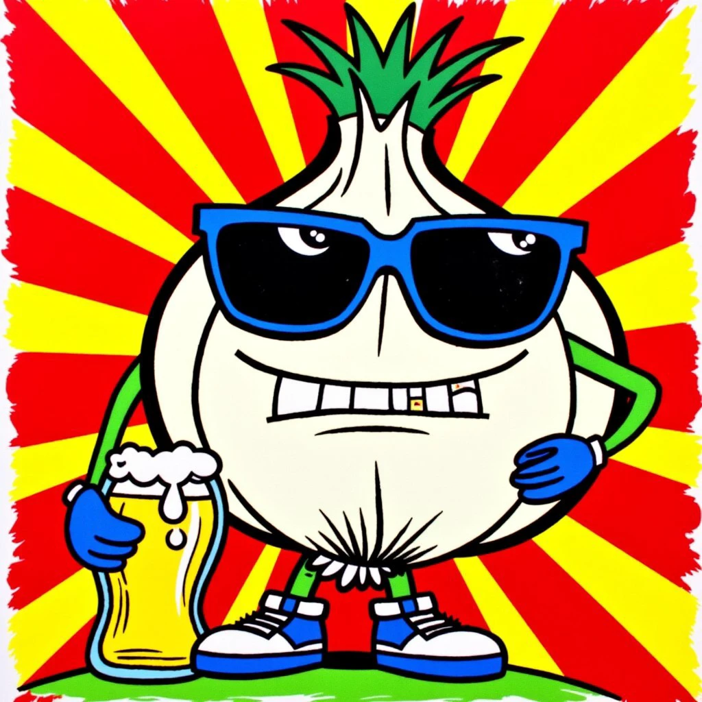 An angry punk anthropomorphic onion is wearing sunglasses and drinking a beer. Bright colors. Sunburst background. In the style of Frank Kozik.
