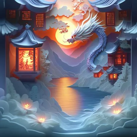 lake, snow, lantern, dragon, nose, cutting art, bird, blonde hair, realistic, whiskers, east asian architecture, sun