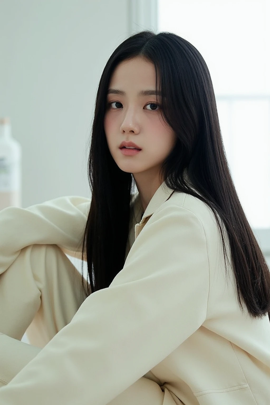 The image showcases a young korean woman with long, straight black hair, sitting on the floor in a relaxed pose. She is wearing a light-colored outfit, possibly a white or beige jacket, that contrasts with her dark hair. The setting appears minimalistic with a soft, natural light filling the space, giving the photo a calm and introspective mood. Her expression is serene yet somewhat introspective, with her gaze directed slightly away from the camera., <lora:flux_realism_lora:1>, <lora:makinaflux_jisoo_v1.0:1>