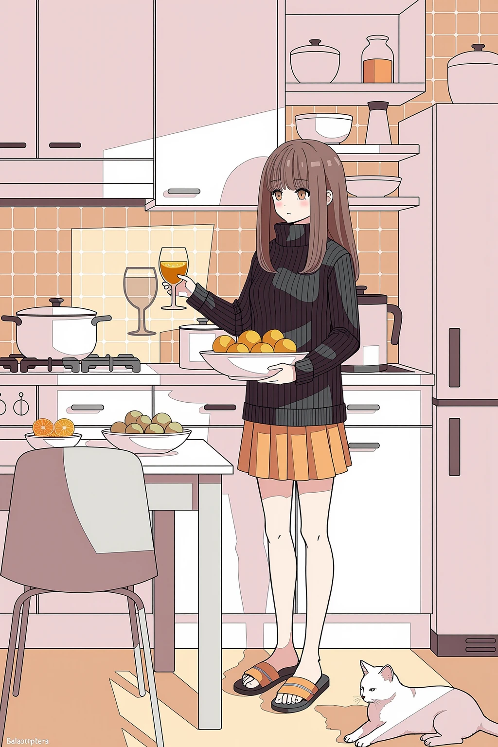 by balaenoptera style,1girl, animal, black sweater, bowl, brown eyes, brown hair, cat, chair, food, fruit, glass, holding, holding bowl, holding plate, indoors, kitchen, long hair, orange \(fruit\), orange footwear, orange skirt, plate, ribbed sweater, skirt, slippers, solo, sweater, table, turtleneck, turtleneck sweater,white orange and yellow gradient color theme,