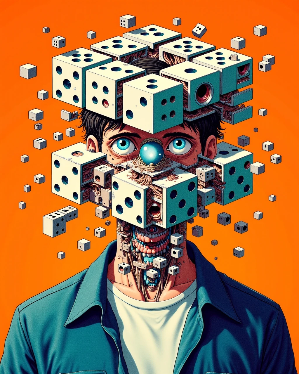 a person with a cube-shaped head split into parts where each sub-cube is a dice