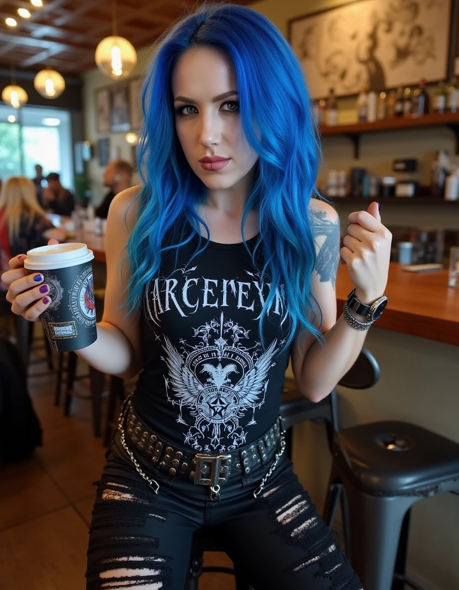 <lora:Alissa_White-Gluz:1> realistic photo of alissawg, blue hair, makeup, wearing an "ARCH ENEMY" band tank top, black ripped jeans,  in a cafe having a coffee.