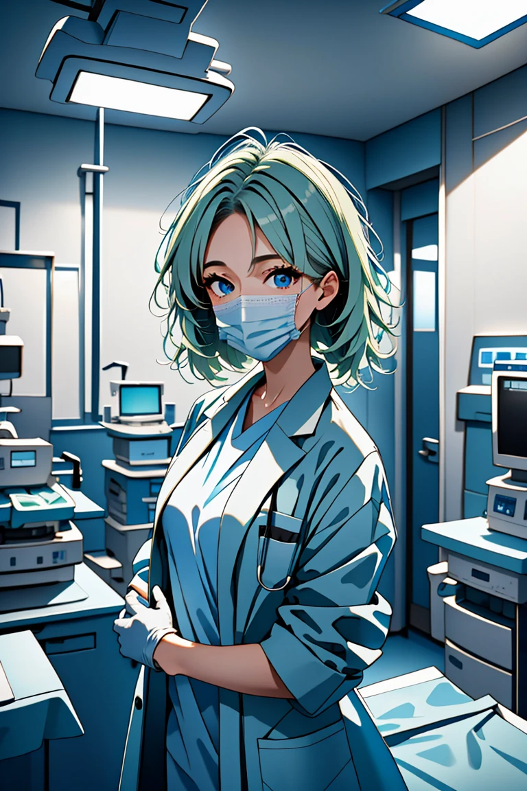 (RAW photo, best quality,facing the viewer,from front), operating room, overhead surgical light,blurred background, focused, dithering,backlighting,
 <lora:CMC924_Jade_Yamamoto_V1.0:0.9> cmc924, jade yamamoto, 1girl, solo, green hair, blue eyes,
 <lora:doctor_surgery_V1.0:0.8> doctor_in_surgery, surgical mask, 1girl, indoors, labcoat, gloves, looking at viewer, doctor,