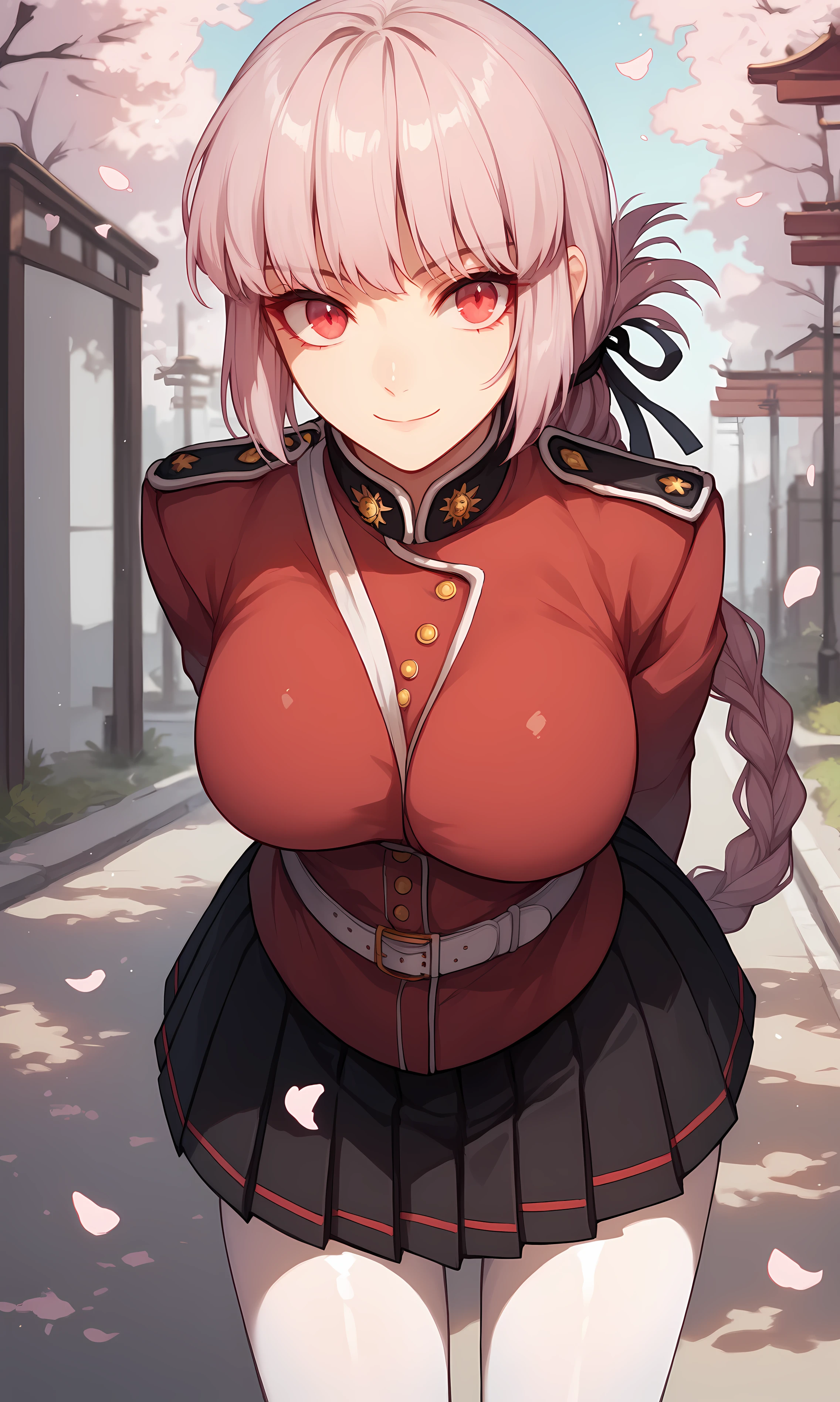 score_9, score_8_up, score_7_up, BREAK source_anime, 1girl, solo, outdoors, street, cherry blossoms, cowboy shot, standing, looking at viewer,nightingale, red eyes, light pink hair, long hair, blunt bangs, braid, low hair ring, black ribbon, hair ribbon, military uniform, red jacket, belt, white gloves, black skirt, pleated skirt, white pantyhose, white knee boots, close-up, shiny skin, arms behind back, smile, closed mouth, leaning forward 