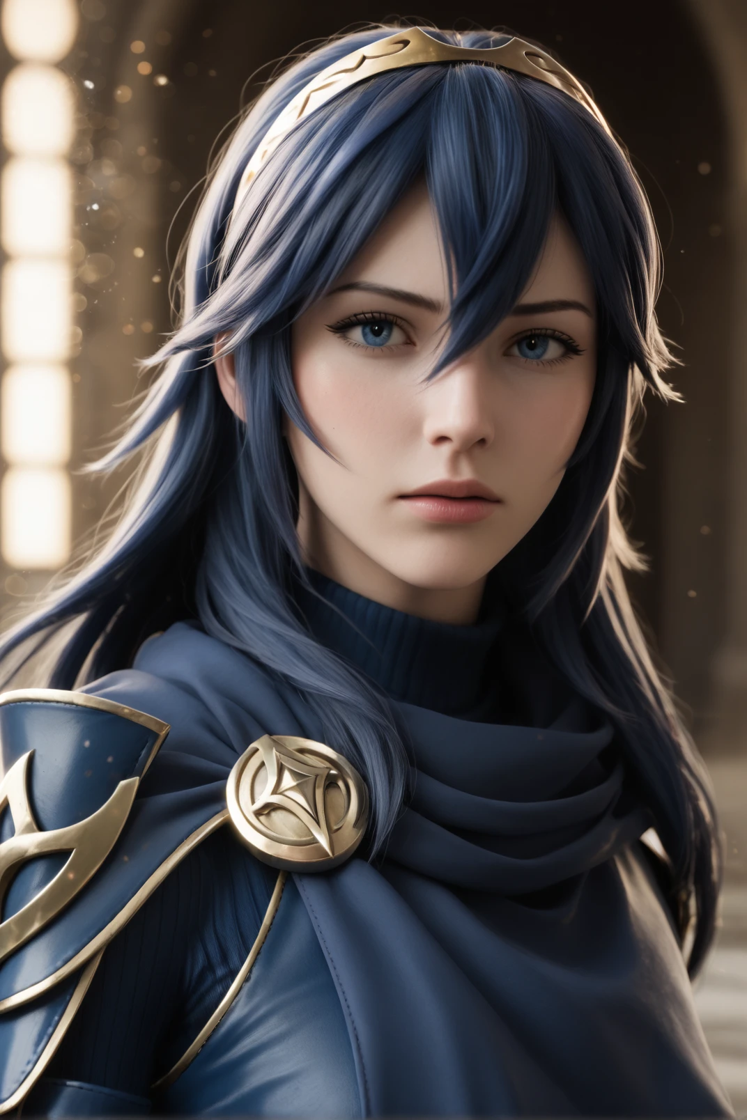 (score_9, score_8_up:1.1), score_7_up, score_X, score_Y_up, BREAK,  1girl, 
 <lora:LUCINA:1>lucina_(fire_emblem), blue-hair, long-hair, golden-tiara, cape, armor, slim, athletic, blue-eyes, fair-skin, young-woman, determined, 
high-quality CG render, 3D realistic, cinematic lighting, detailed textures, soft shadows, volumetric lighting, photorealistic skin, subsurface scattering, depth of field, ray tracing, 4K resolution, unreal engine, octane render, rule of thirds composition, fantasy art, epic scene, dynamic pose, Glamour portrait, beautiful woman, elegant pose, flawless skin, vibrant makeup, styled hair, soft lighting, bokeh background, high fashion, studio quality, professional photography, magazine cover style.