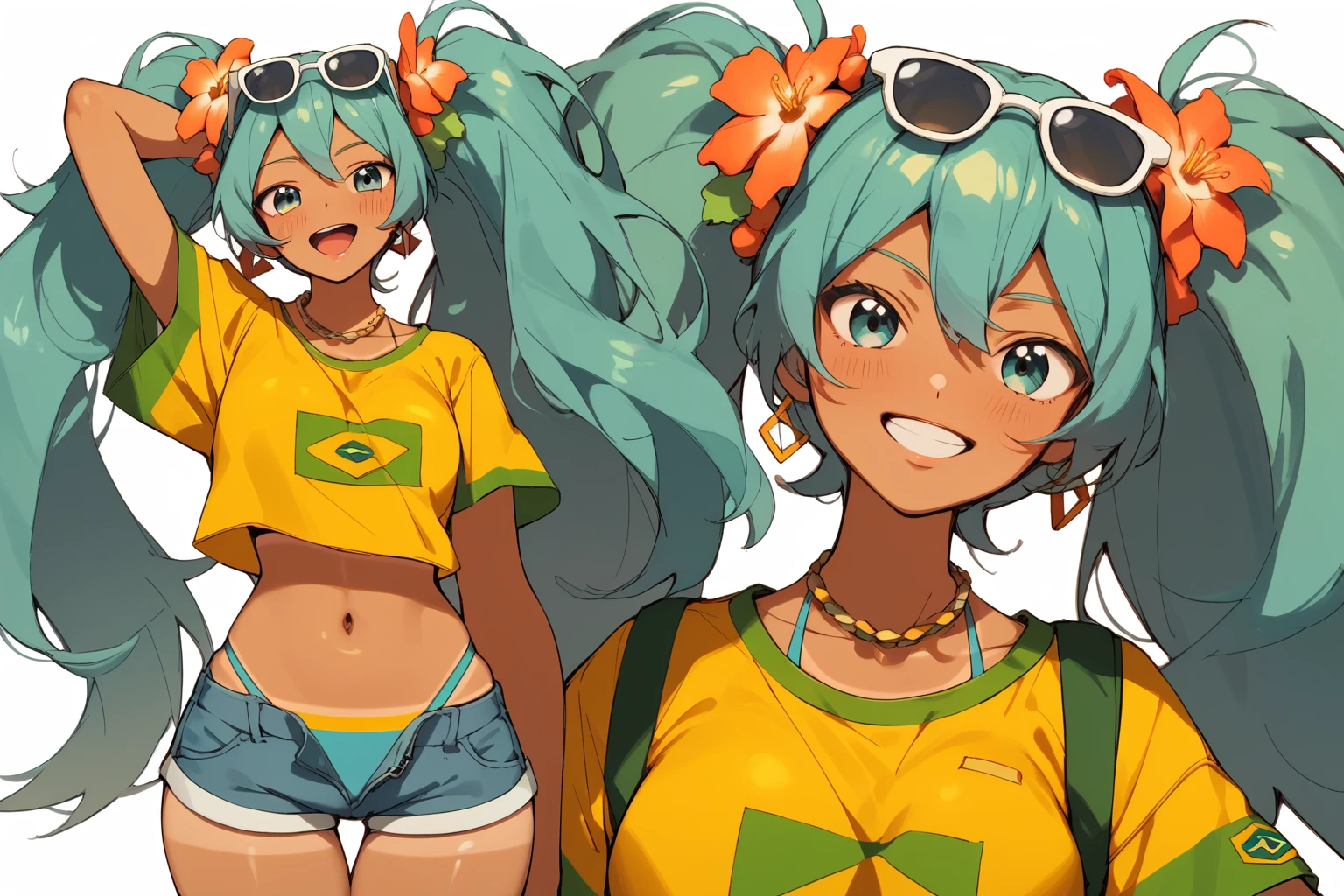 score_9, score_8_up, score_7_up, score_6_up, score_5_up, score_4_up, masterpiece, high quality, BREAK, full body, BREAK, 1girl,  <lora:Brazilian Miku:0.8> aqua hair, sunglasses on head, flower in hair, yellow shirt, brazil flag on shirt, denim shorts, booty shorts, tanned, 1girl, hatsune miku, <lora:XLPCharacterDesign_Concept:0.72> characterdesignxl, multiple views