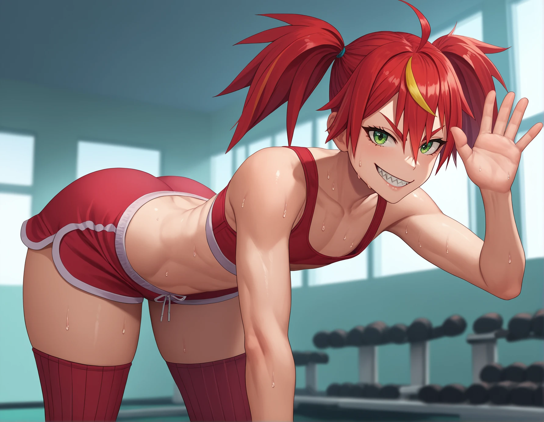 score_9, score_8_up, score_7_up,score_6_up  source_anime
mizarisa, red hair,twintails,streaked hair, sharp teeth,flat chest, green eyes, 
1girl,solo,wide hips,thick thighs, huge ass,sports bra,dolphin shorts, gym,sweat,shiny skin,bent over,downblouse, ribbed thighhighs,smirk,looking at viewer, waving
  <lora:mizarisa-full dive-koto-PonyXL 2:1>