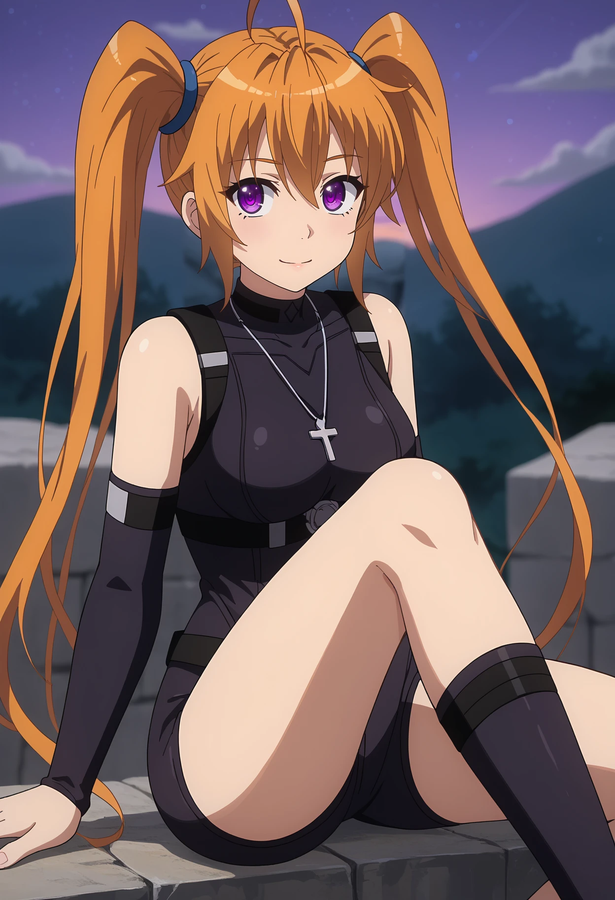 score_9,
<lora:HighschoolDxD_ShidouIrinaXL:0.9>,
1girl, solo, closed mouth, light smile, parted lips,
long hair, twintails, orange hair, purple eyes, ahoge,
IrinaBodysuit, black bodysuit, bare shoulders, cross necklace, detached sleeves, black belt, arm belt,
sitting, knee up, looking at viewer,
purple sky, night, blurry background, outdoors, stone