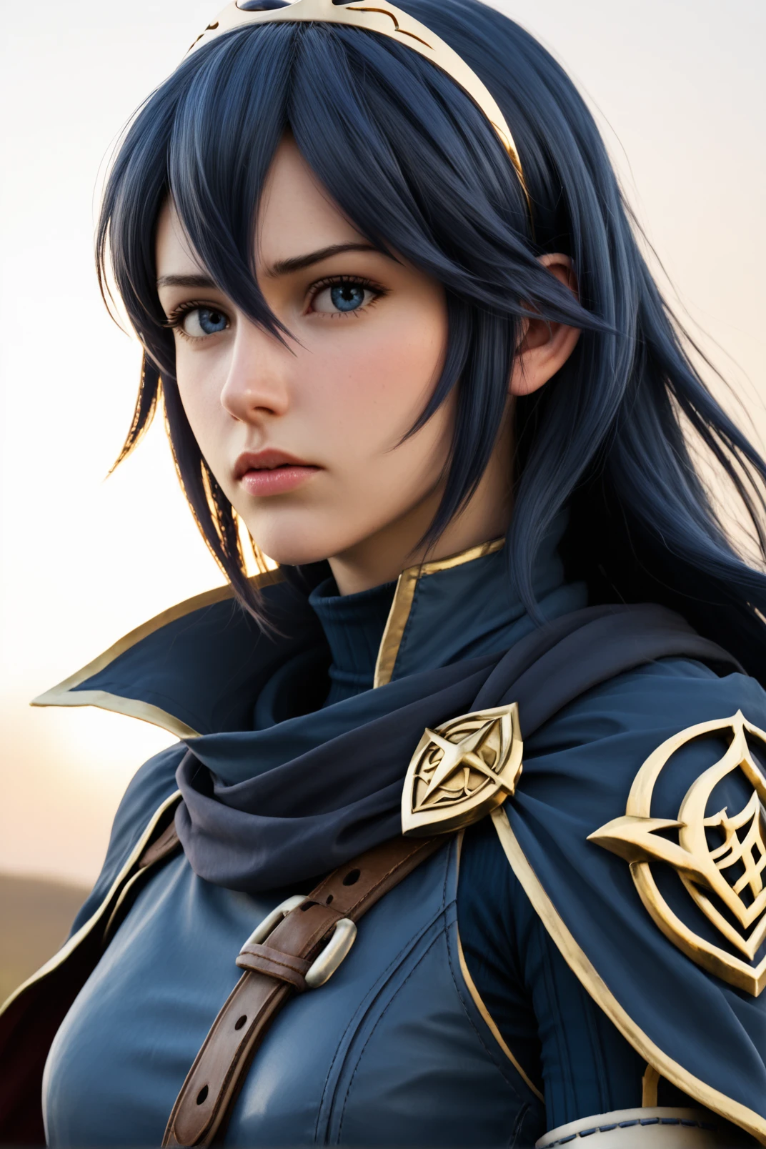 long shot scenic professional photograph of (score_9, score_8_up:1.1), score_7_up, score_X, score_Y_up, BREAK,  1girl, 
 <lora:LUCINA:1>lucina_(fire_emblem), blue-hair, long-hair, golden-tiara, cape, armor, slim, athletic, blue-eyes, fair-skin, young-woman, determined, 
high-quality CG render, 3D realistic, cinematic lighting, detailed textures, soft shadows, volumetric lighting, photorealistic skin, subsurface scattering, depth of field, ray tracing, 4K resolution, unreal engine, octane render, rule of thirds composition, fantasy art, epic scene, dynamic pose, RTX.
epic battle stance, ready to strike, sword raised high, cape billowing dramatically, determined expression, dynamic lighting, heroic pose, mid-action, feet planted firmly, flames in background, sparks flying, power emanating, 3/4 view, looking directly at viewer, hair flowing in wind, perfect viewpoint, highly detailed, wide-angle lens, hyper realistic, with dramatic sky, polarizing filter, natural lighting, vivid colors, everything in sharp focus, HDR, UHD, 64K