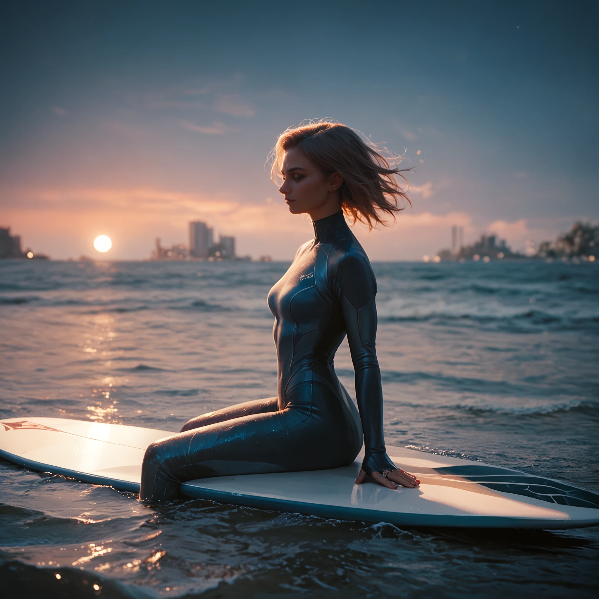 score_9, score_8_up, score_7_up, score_6_up, score_5_up, score_4_up, surfboard, surfboard_straddle, water, 1girl, beautiful, wetsuit, city, night, sunset