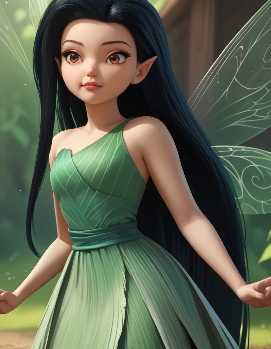 score_9, score_8_up, score_7_up, score_6_up, score_5_up, score_4_up, source_anime  <lora:DisneyTinkerbell:1>,  Silvermist, fairy, pointy ears, black hair, brown eyes, very long hair, green dress