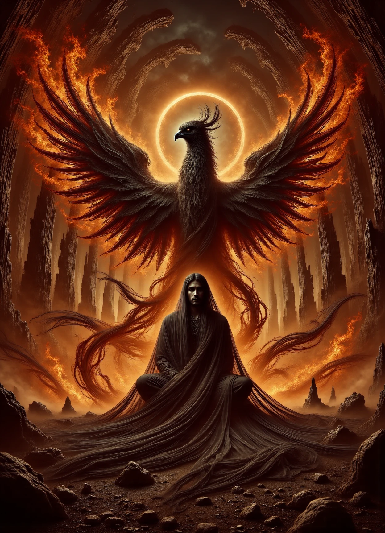 veil of darkness,  male phoenix, mythical powerful bird, in flames, vibrant colors,, large and majestic wings long flowing tail feathers, resplendent radiant plumage immortality, renewal, rebirth, sun and fire, eighteen sturdy, indigenous peoples of the america, honey eyes, lobed ears, hawk-like nose,    broad forehead,  sculpted ankles,  the klingon , light chestnut angular fringe hair, trust,  weaving spells into fabric, creating enchanted garments and cloaks,    arcanist, creating illusions , meditating in a lotus position, seeking inner wisdom, halo