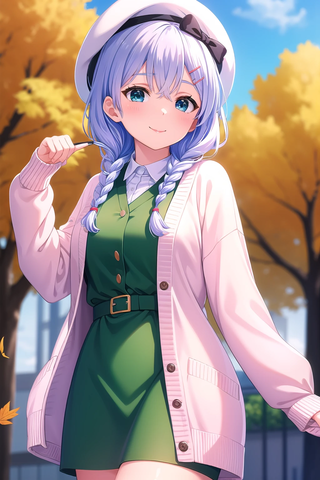 (masterpiece, best quality), highly detailed background, perfect lightingbest quality, murakamifumio, solo, outdoors, nature, autumn leaves, beret, white headwear, light blue hair, hairclip, hair between eyes, twin braids, hair over shoulder, long hair, blue eyes, medium breasts, yellow cardigan, open cardigan, green dress, print dress, white sweater, smile, closed mouth, :), pink lips, <lora:Murakami-Fumio:0.7>