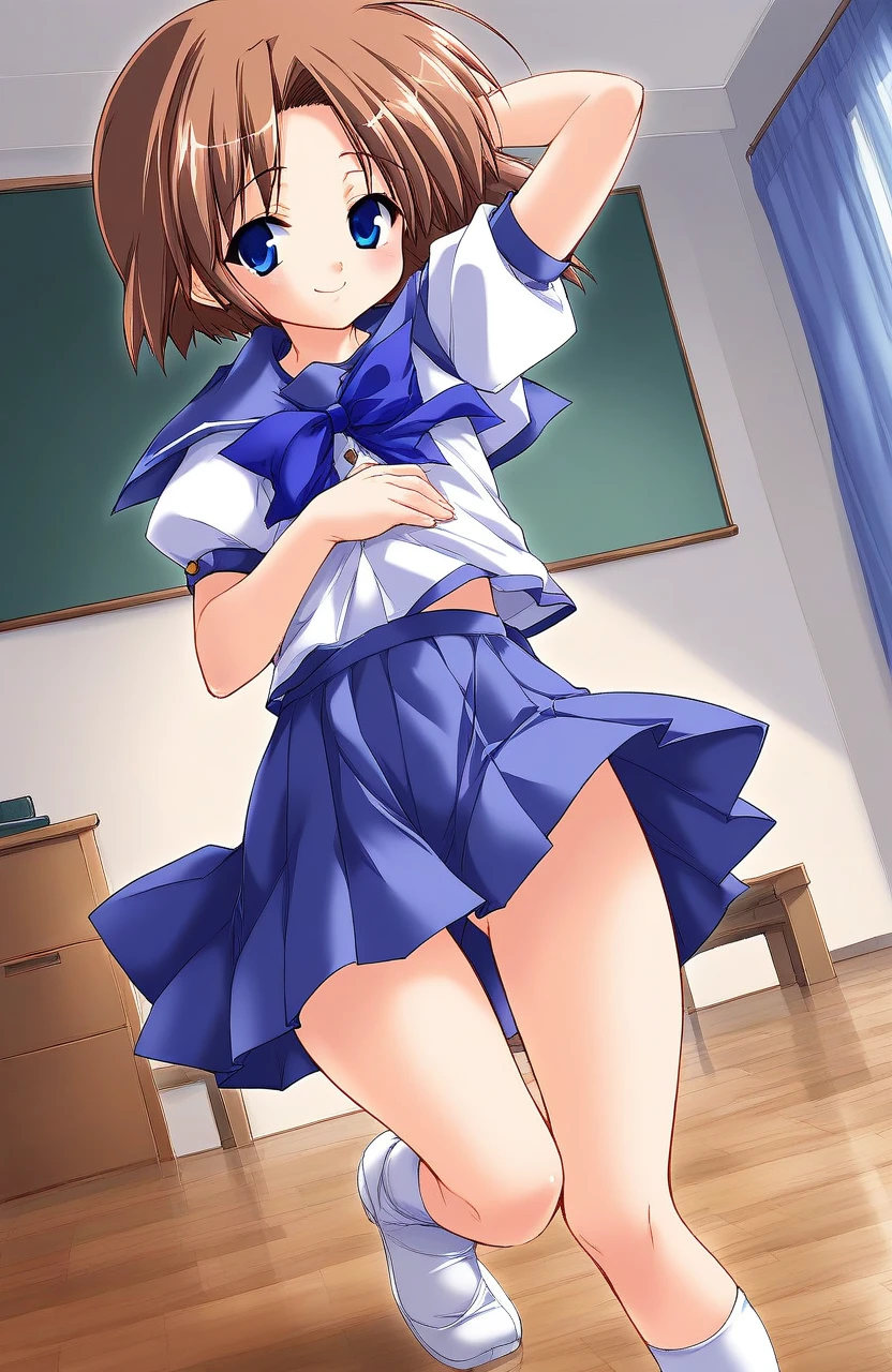 score_9, score_8_up, score_7_up, source_anime, rating_explicit, BREAK   <lora:Shiki_Akimi_Ver2.0_XL:1> ShikiAkimi, brown hair, blue eyes, short hair, short stack,
 solo, school uniform, blue skirt, long skirt, 
room, flooring, curtain, 
smile, 
looking at viewer, 
cowboy_Shot,