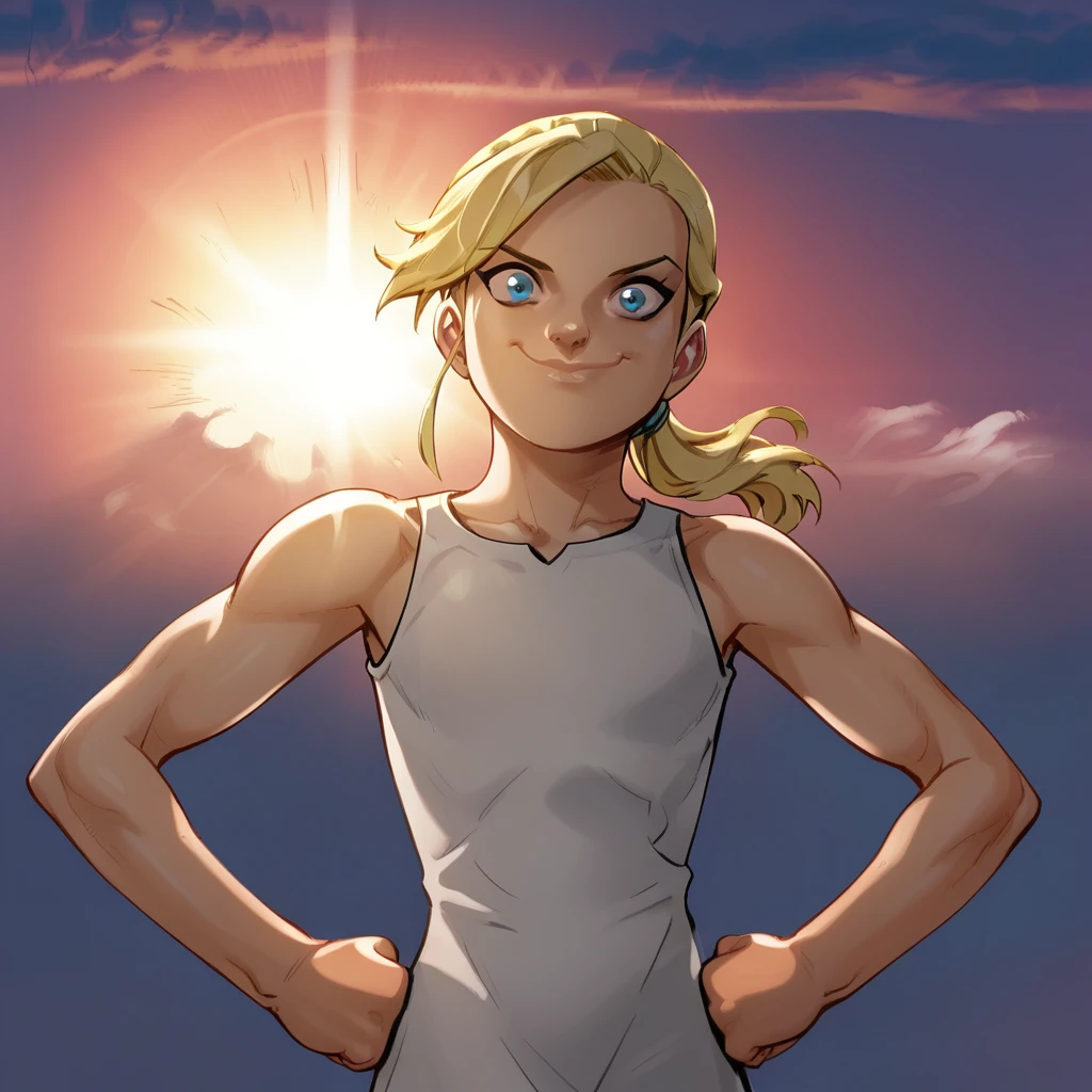 score_9_up, score_8_up, BREAK, SuperSmile, 1girl, solo, blonde hair, high ponytail, blue eyes, white dress, sleeveless, smile, closed mouth,  sunrise,  sky,  cloud,  sunset, sunlight,  light rays, outdoors, hands on own hips, clenched hands,  <lora:SupermanSmile_PXL_Leaf3_r2:0.8>, looking at viewer,  <lora:LilAndy_Style:1>