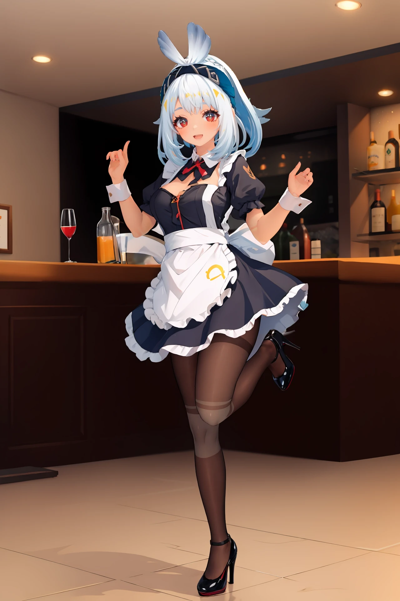 1girl, mualani \(genshin impact\), maid, bow hairband, body paint, maid apron, white pantyhose, high heels, full body, open mouth, smile, looking at viewer, standing on one leg, jumping, bar \(place\), indoors, depth of field