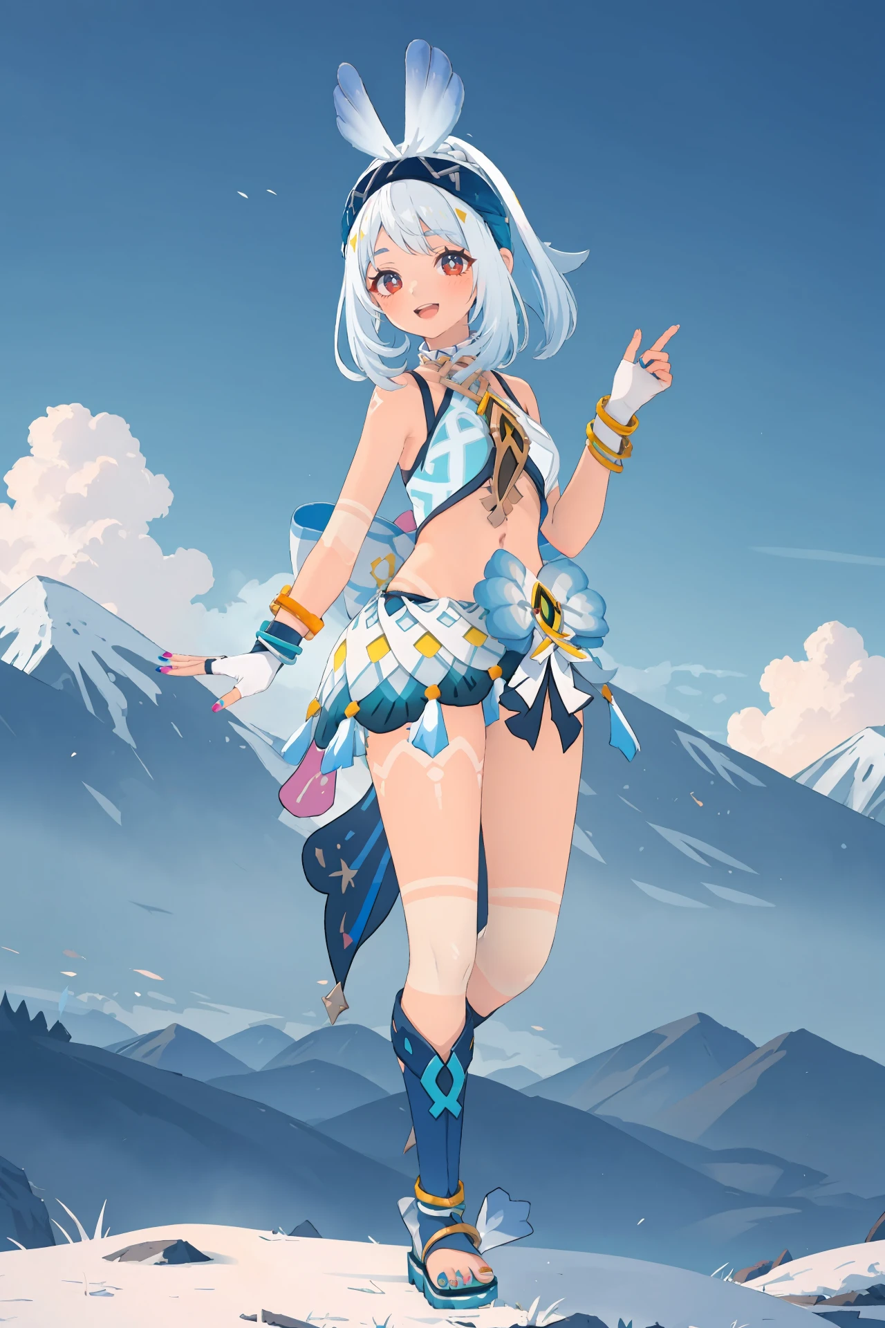 1girl, mualani \(genshin impact\), fingerless gloves, nail polish, crop top, bow hairband, sarong, sandals, stirrup legwear, waist bow, bodypaint, looking at viewer, smile, open mouth, full body, balancing, standing on one leg, mountainous horizon, scenery, depth of field