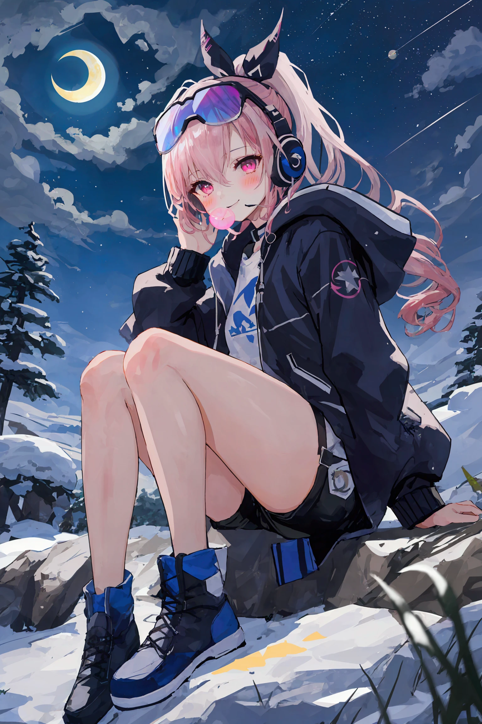 ((A young girl snowboarding))、(Multicolored Hair)、((Snowboard Clothing))、Cleavage、goggles、((Sigh))、Snowboard Shoes、In front of the log house、Footjob with one leg、((footjob)), ((eject cum)),