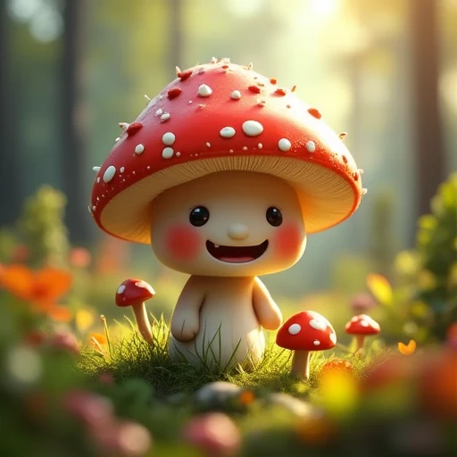 a realistic cute extreme doodle chibi mushroom character smiling in the wilderness, doodle art style, super hyper realistic, cinematic volumetric lighting, shot with Sony Fx6